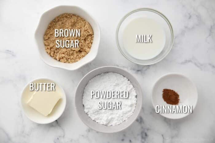 Labeled image of ingredients to make cinnamon brown sugar glaze.