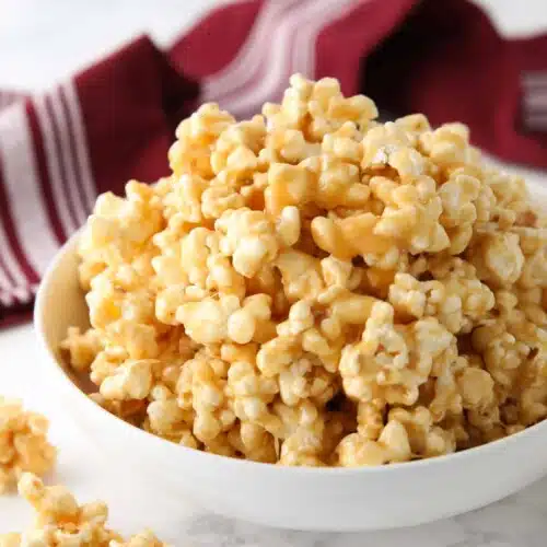 Bowl of soft caramel popcorn.