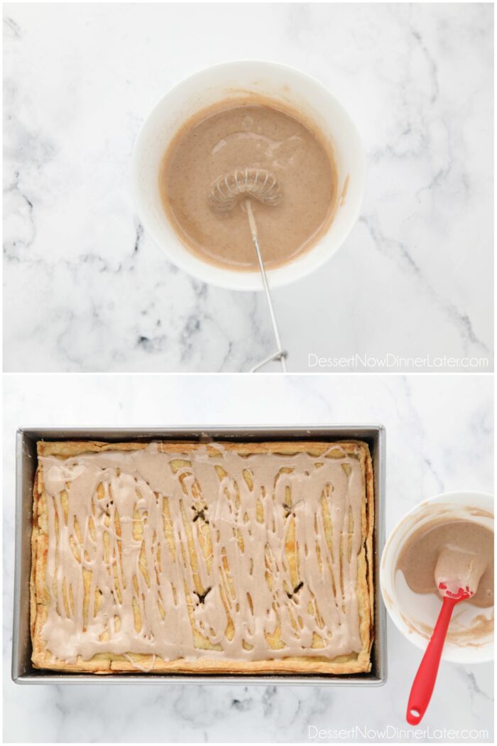 Two images. Maple glaze in a bowl, then apple slab pie with glaze drizzled on top.