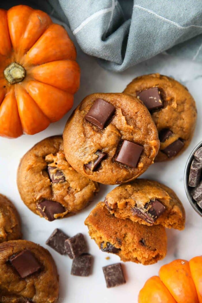 Pumpkin cookies with chocolate chunks.