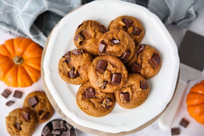 Plate of pumpkin chocolate chunk cookies.