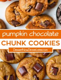 Pinterest collage of Pumpkin Chocolate Chunk Cookies with two images and text in the center.