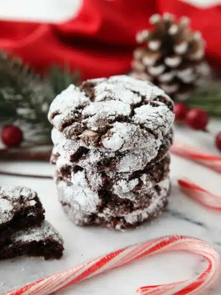 Stack of chocolate peppermint crinkle cookies made with cake mix.