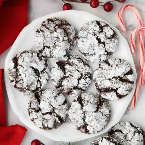 Plate of chocolate peppermint crinkle cookies made with cake mix.