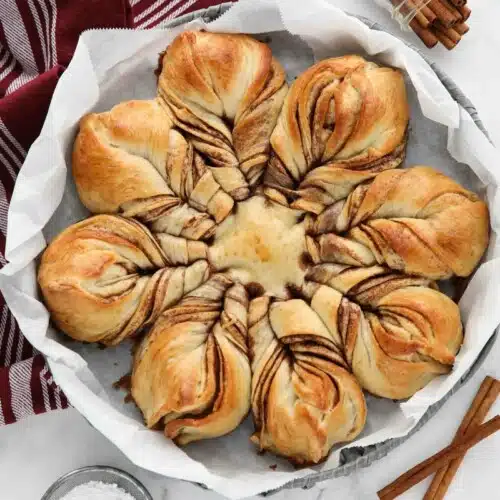 Cinnamon Star Bread made with Rhodes rolls in a basket.