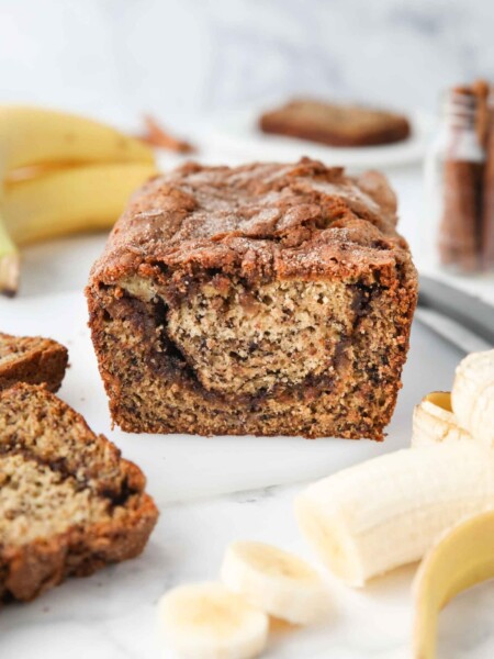 View of a cinnamon swirl center inside banana bread.