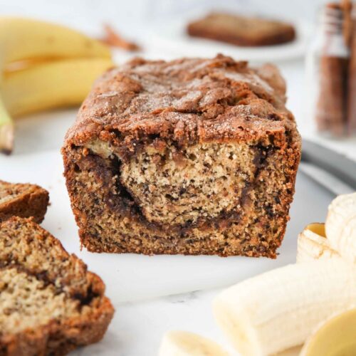 View of a cinnamon swirl center inside banana bread.