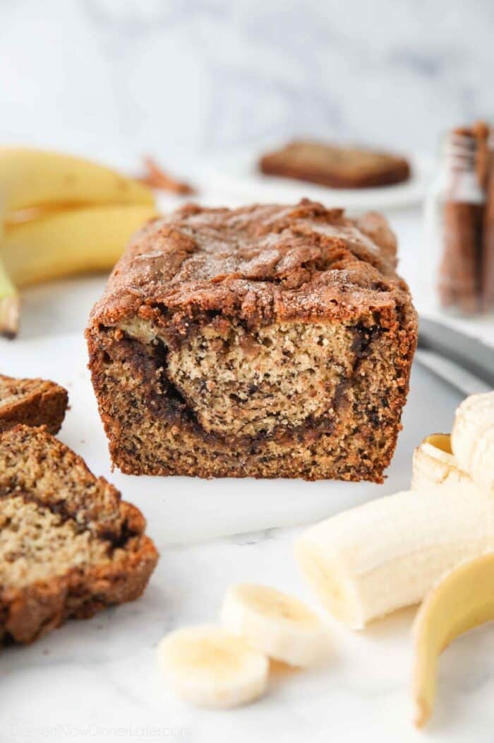 View of a cinnamon swirl center inside banana bread.