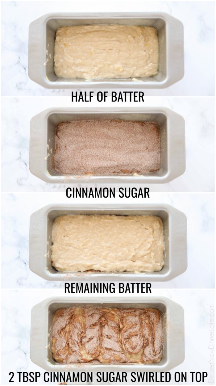 Steps to assemble cinnamon swirl banana bread.