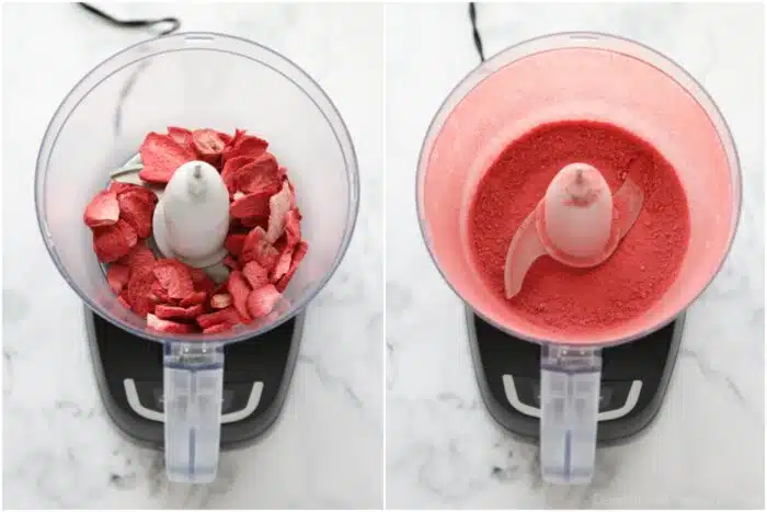Blending freeze dried strawberries in a food processor.