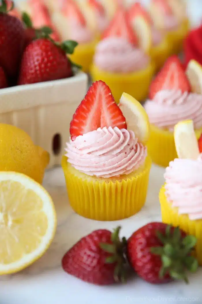 Homemade strawberry lemonade cupcakes with lemonade cake and strawberry frosting.