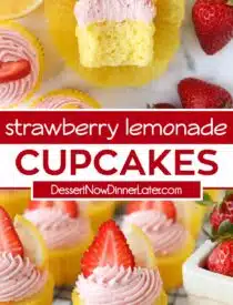 Pinterest collage of Strawberry Lemonade Cupcakes with two images and text in the center.