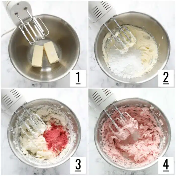 Collage image of steps to make Strawberry Frosting with freeze dried strawberries.