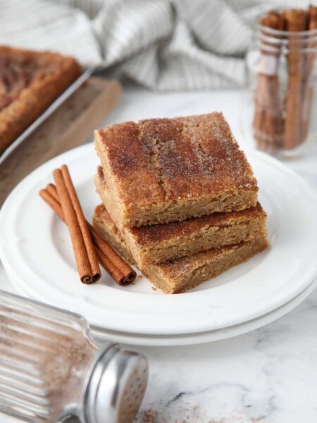 Stack of cinnamon bars on a plate with extra cinnamon-sugar on top and cinnamon sticks on the side.