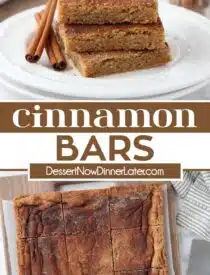 Pinterest collage of Cinnamon Bars with two images and text in the center.