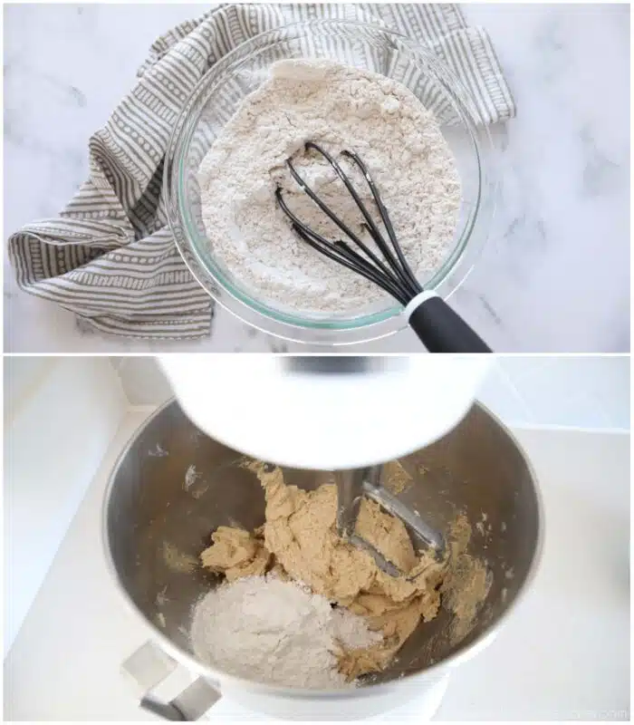 Flour mixture whisked in a bowl, then being added to a mixer.