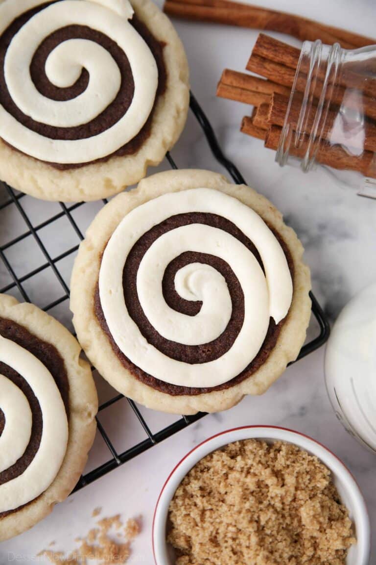 Close-up top view of Cinnamon Roll Cookies on a wire cooling rack.