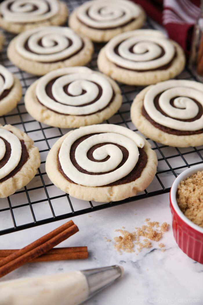 Copycat Crumbl Cinnamon Roll Cookies on a wire cooling rack.