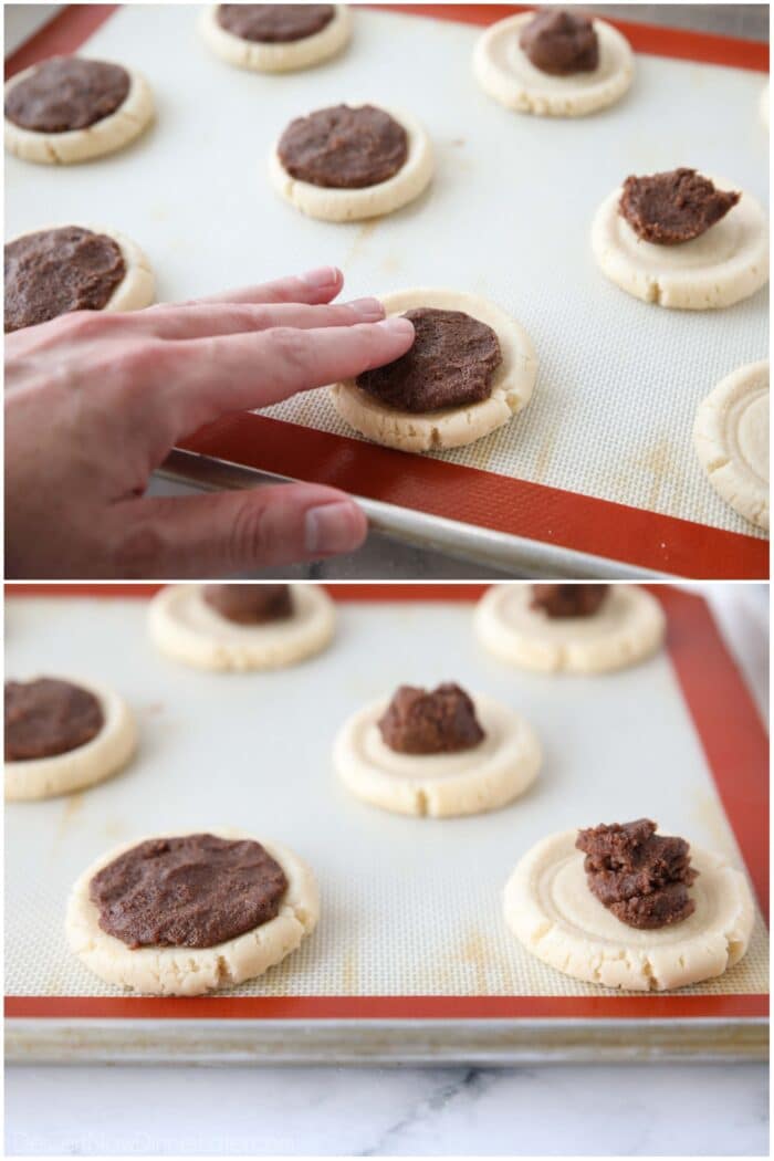 Spreading cinnamon topping over pressed sugar cookie dough.