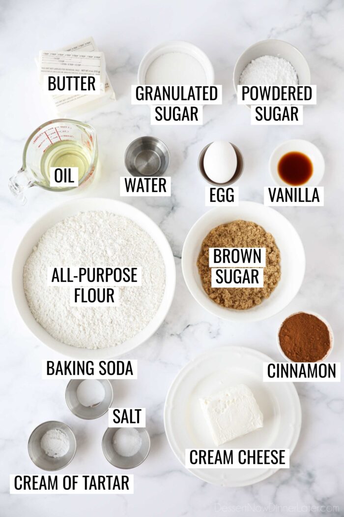 Labeled ingredients to make Cinnamon Roll Sugar Cookies.