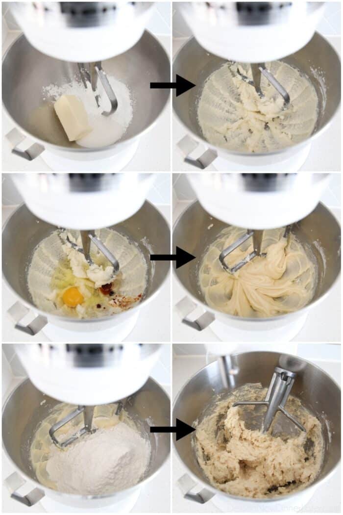 Steps to make sugar cookie dough in a stand mixer.