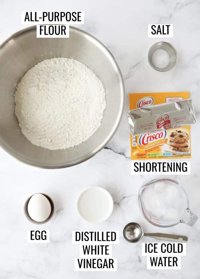 Labeled ingredients to make a Crisco pie crust or shortening pie crust recipe.