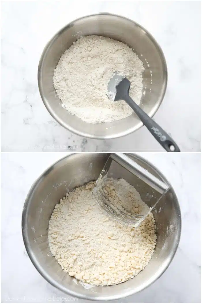 Stirring flour and salt together. Then cutting in the shortening with a pastry blender.