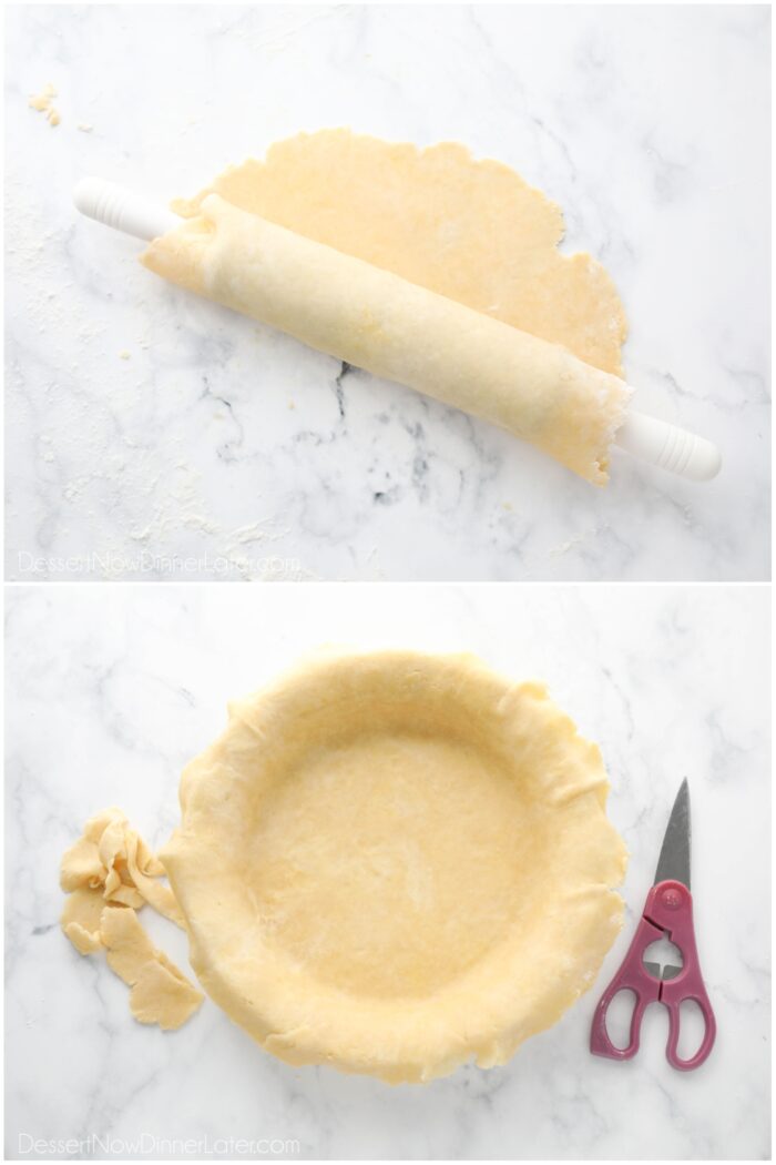 Transferring the easy pie crust to a pie dish.