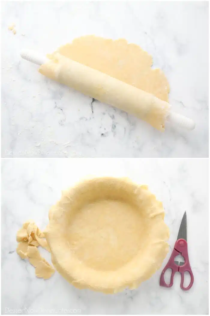 Transferring the easy pie crust to a pie dish.