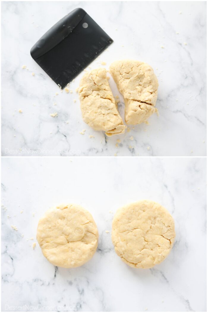 Splitting pie crust dough in half. Flattening each half into small disks.