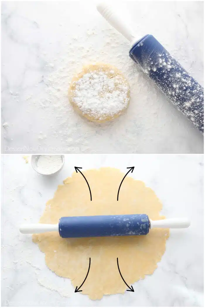 Rolling easy pie crust on a floured surface.