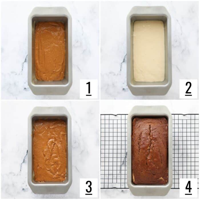 Steps to layer pumpkin cream cheese bread and the final baked loaf.