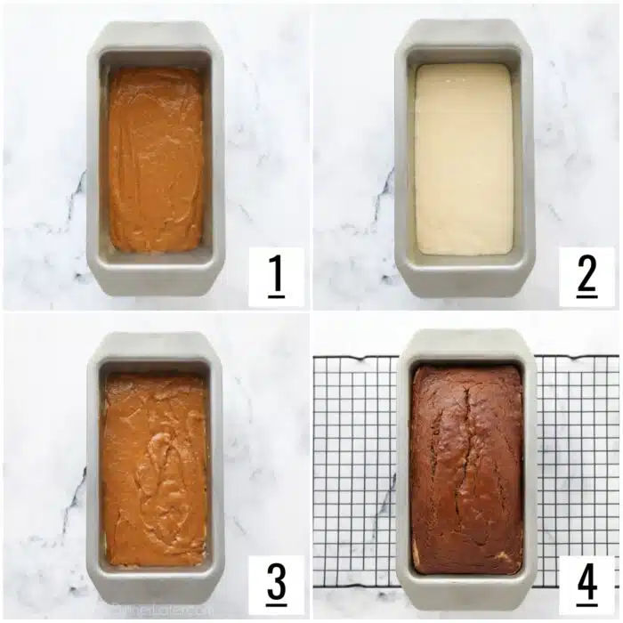 Steps to layer pumpkin cream cheese bread and the final baked loaf.