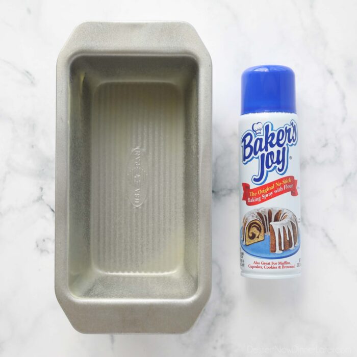 A one pound bread pan sprayed with Baker's Joy baking spray with flour.