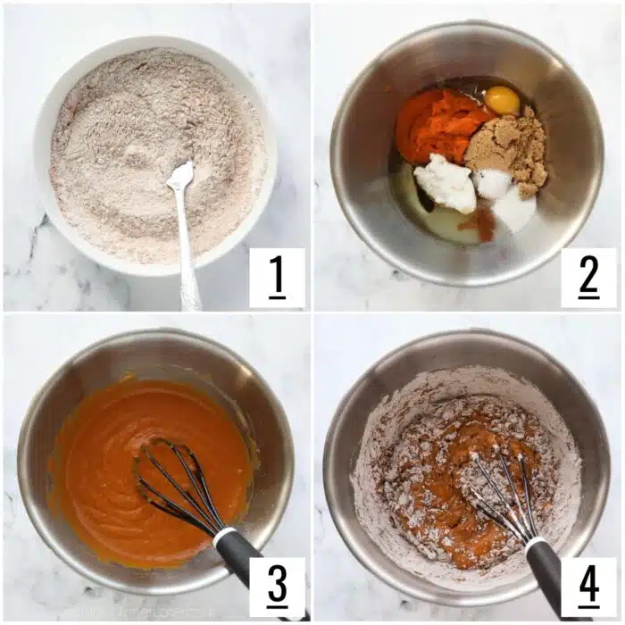 Steps to make pumpkin bread batter.