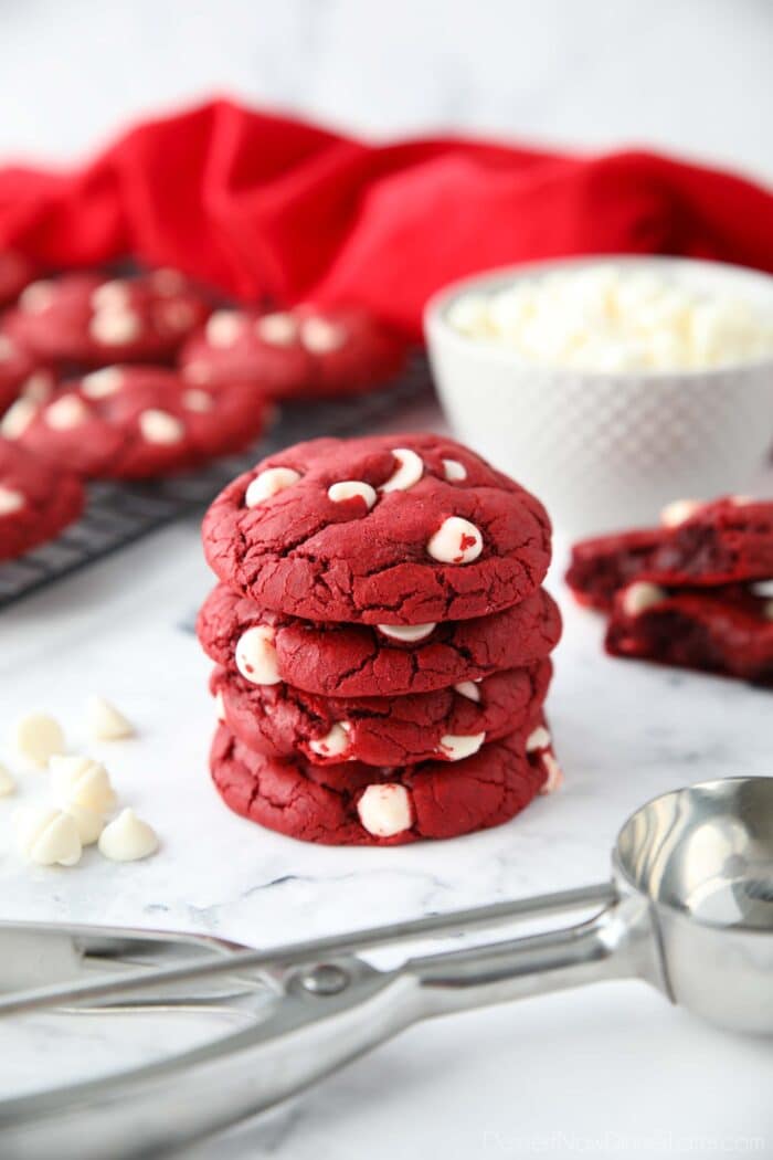 Stack of Red Velvet White Chocolate Chip Cookies.