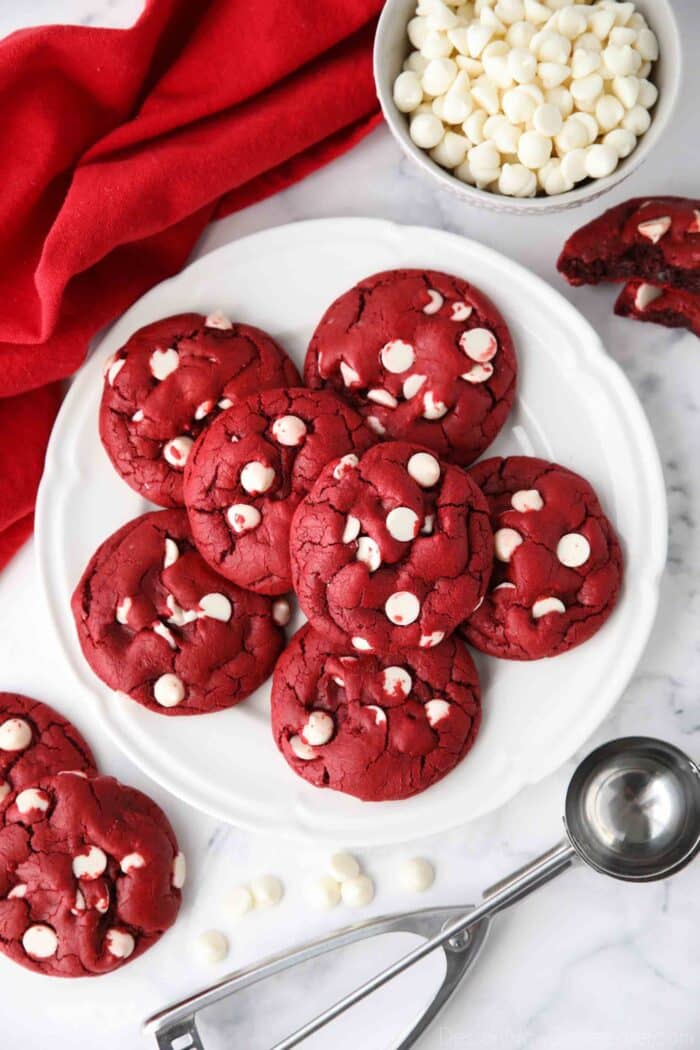 Plate of Red Velvet Cookies made with cake mix and white chocolate chips.