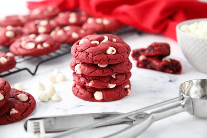 Stack of Red Velvet White Chocolate Chip Cookies.