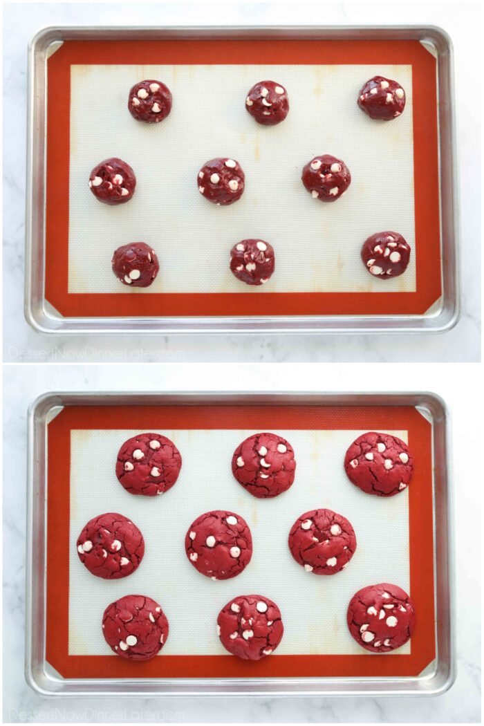 Before and after baking red velvet white chocolate chip cookies.