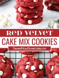 Pinterest collage of Red Velvet Cake Mix Cookies with two images and text in the center.