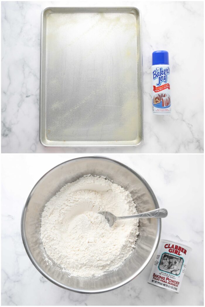 Greased sheet pan and bowl of dry ingredients.