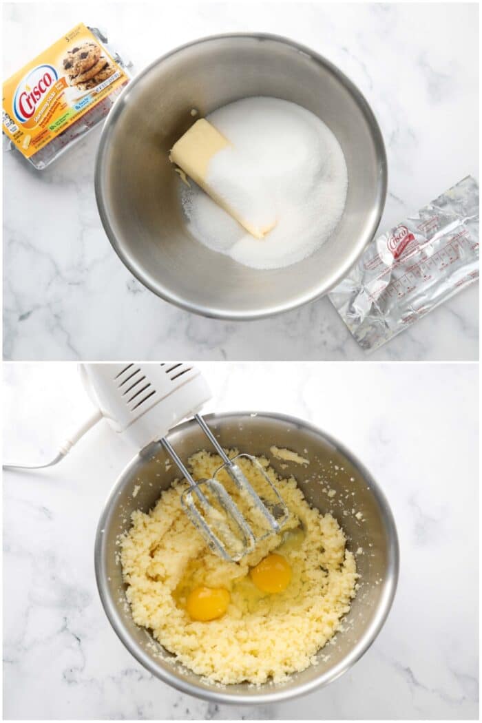 Crisco and sugar in a bowl. Then mixed with eggs and almond extract.