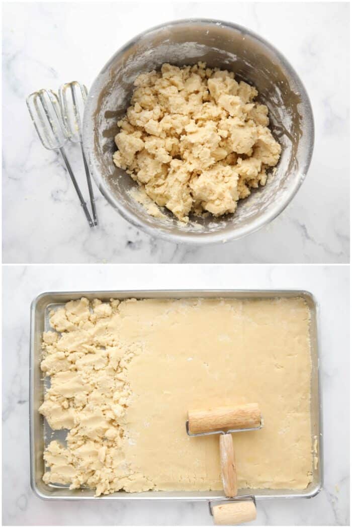 Transferring the finished almond cookie dough to the prepared sheet pan and making it smooth with a pastry roller.