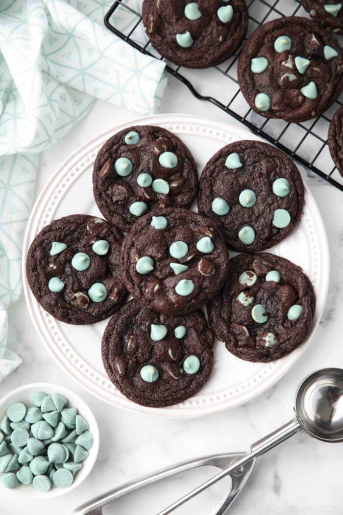 Plate full of chocolate cookies with mint chips.