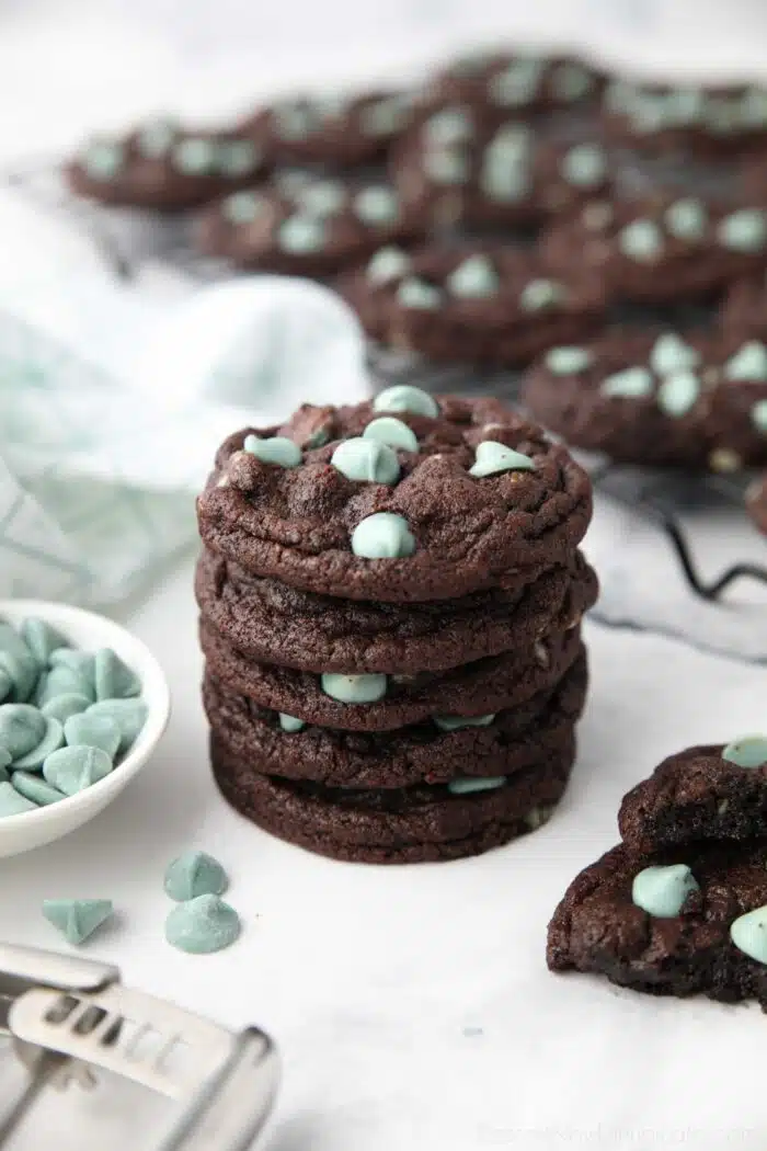 Stack of chocolate mint cookies.