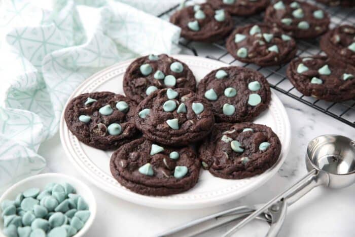 Plate full of chocolate cookies with mint chips.