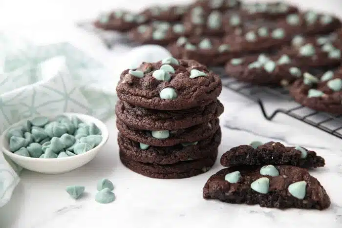 Stack of chocolate mint cookies.