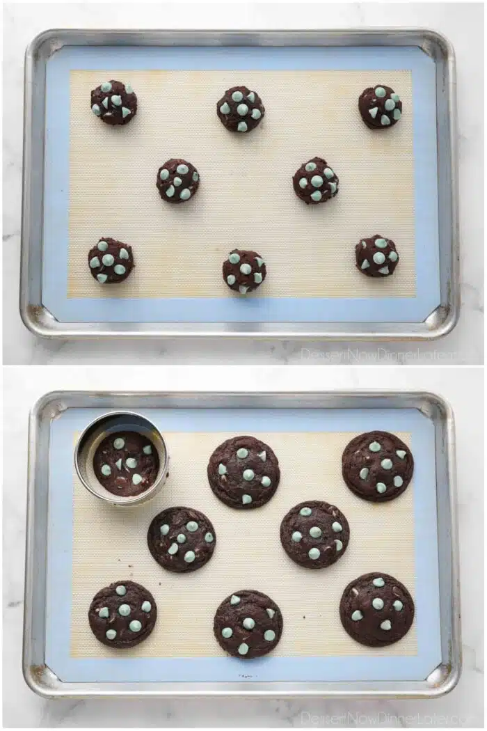 Before and after baking chocolate mint chip cookies.