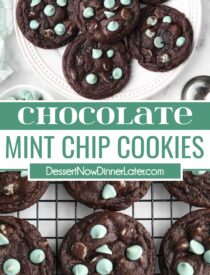 Pinterest collage of Chocolate Mint Chip Cookies with two images and text in the center.