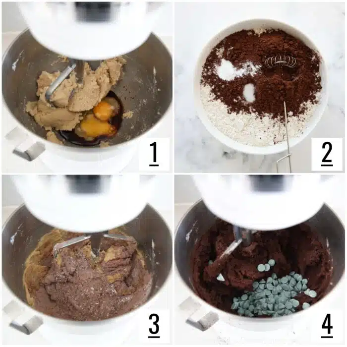 Steps to make chocolate cookies with mint chips.